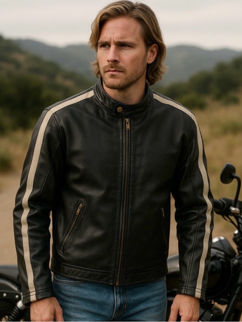Men's Black Leather Moto Jacket with Cream Racing Stripes